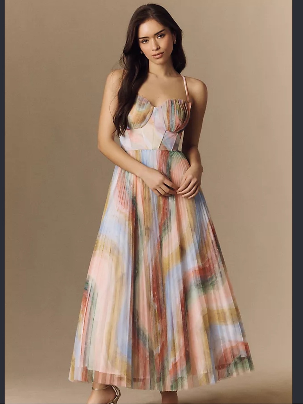 Hutch Shell Bustier Multi-Color Tulle Pleated Maxi Dress